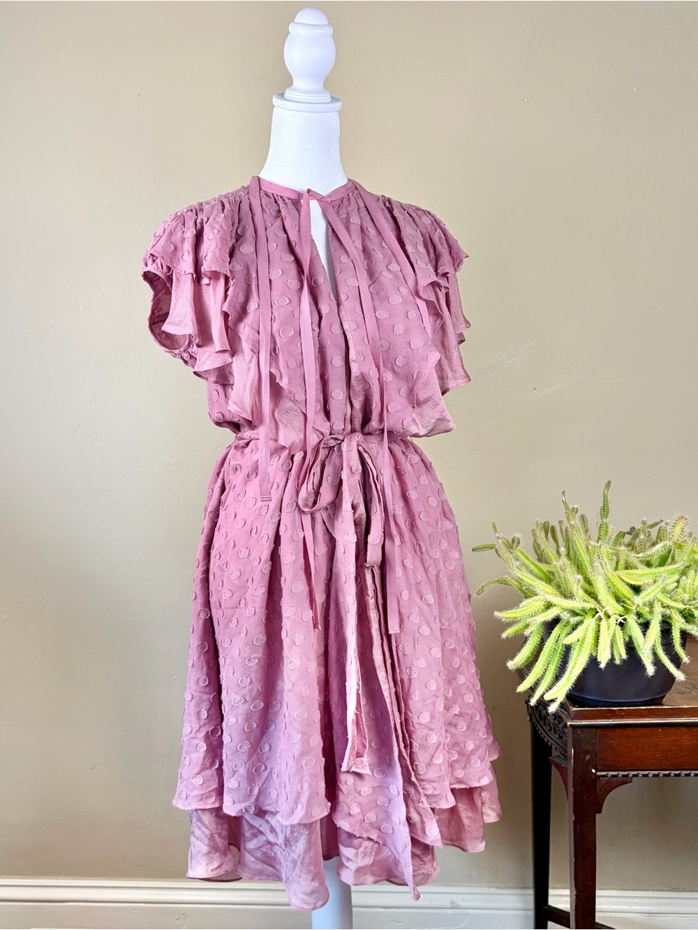 100% Silk BCBG MaxAzria Runway Swiss Dot dress Size XS to M Blush Pink Fairycore